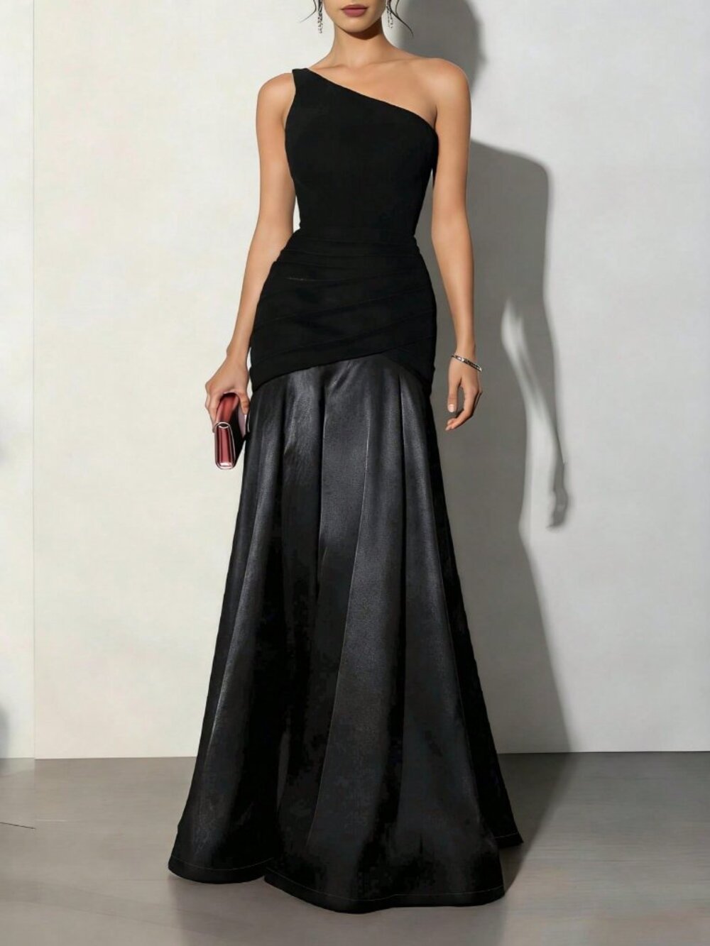 Black Women's Asymmetrical Ruched Plain High-Waist A-Line Maxi Dress